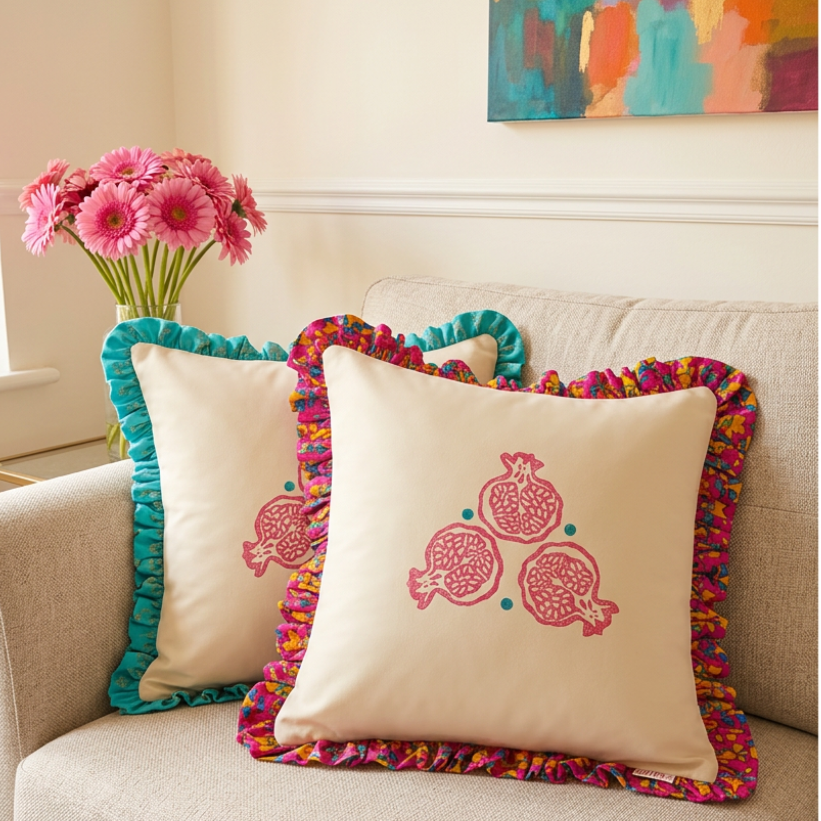 Decorative pillows with colorful ruffles on a beige sofa, with a vase of pink flowers and abstract painting in the background.