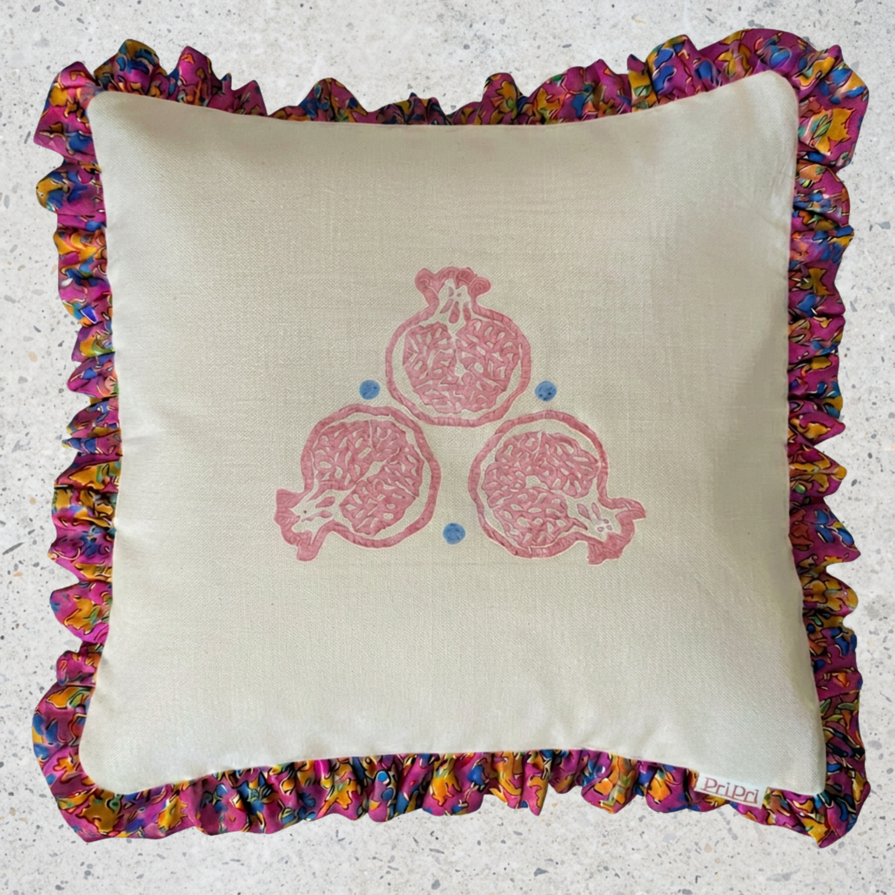 Pri Pri & Neera Seghal block print cushion with sari frill (45x45cm)