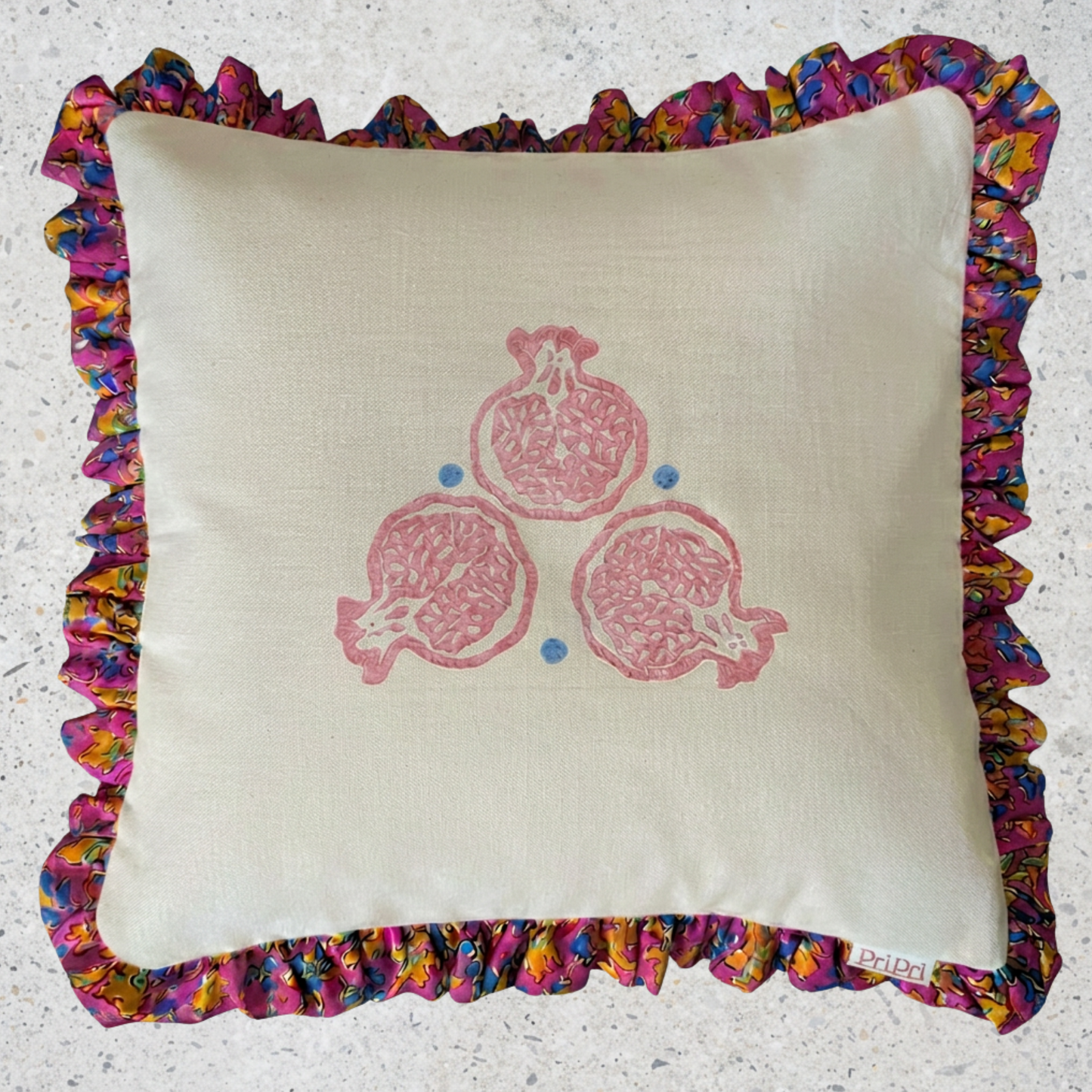 Pri Pri & Neera Seghal block print cushion with sari frill (45x45cm)
