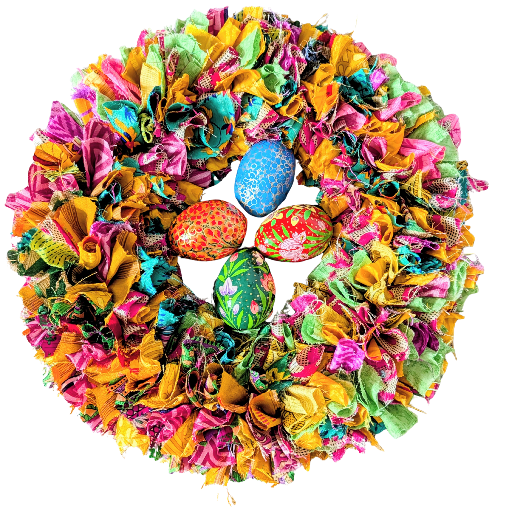 Colorful fabric wreath with Easter eggs on a white background