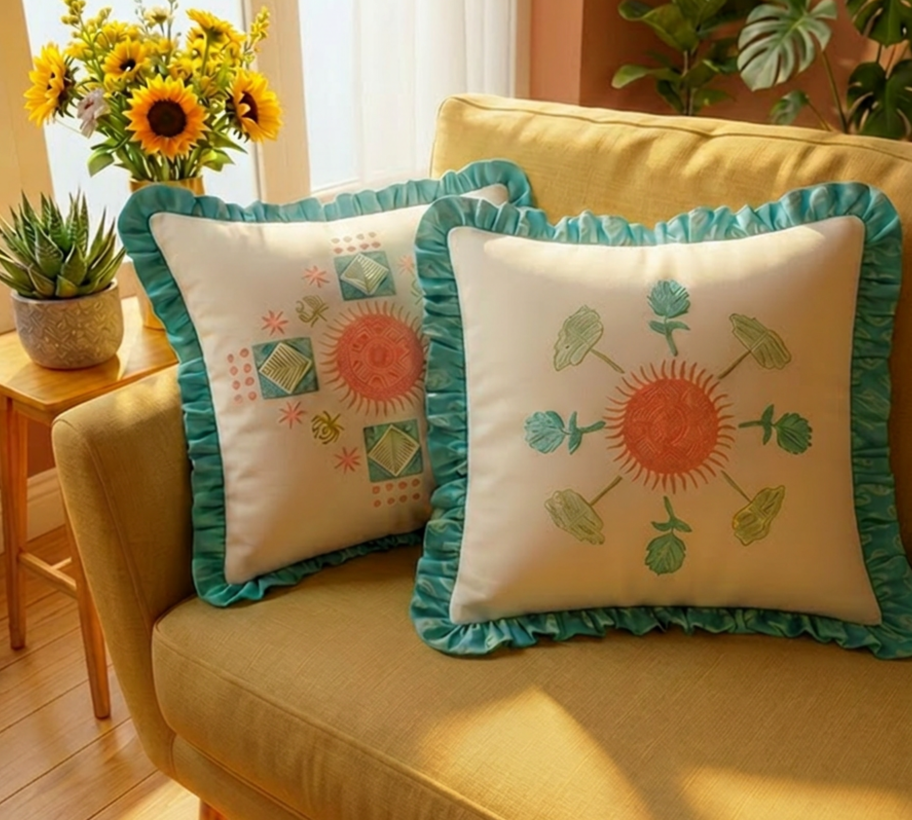 Decorative pillows with sun designs on a yellow couch in a bright room with plants and flowers.