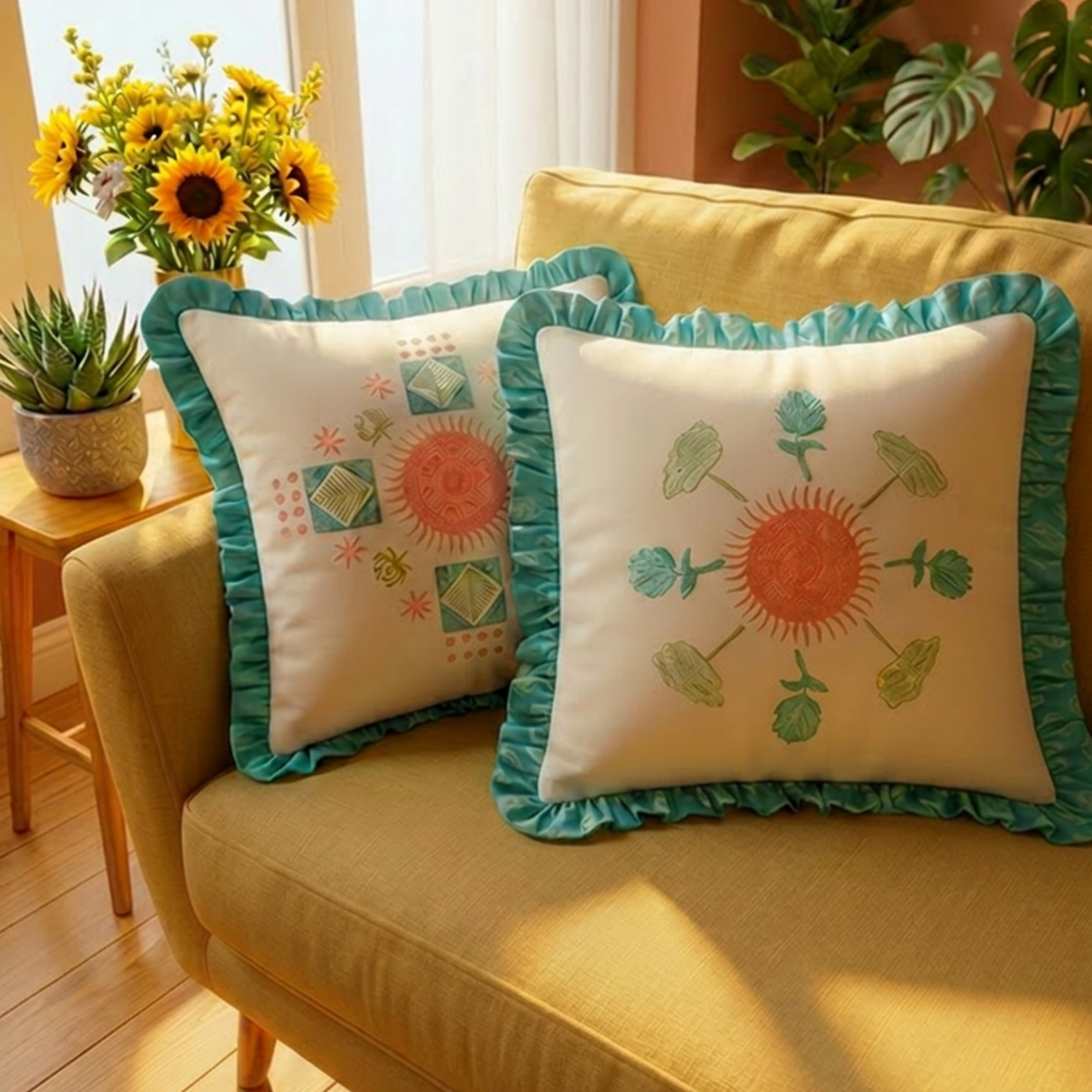 Decorative pillows with sun designs on a yellow couch in a bright room with plants and flowers.