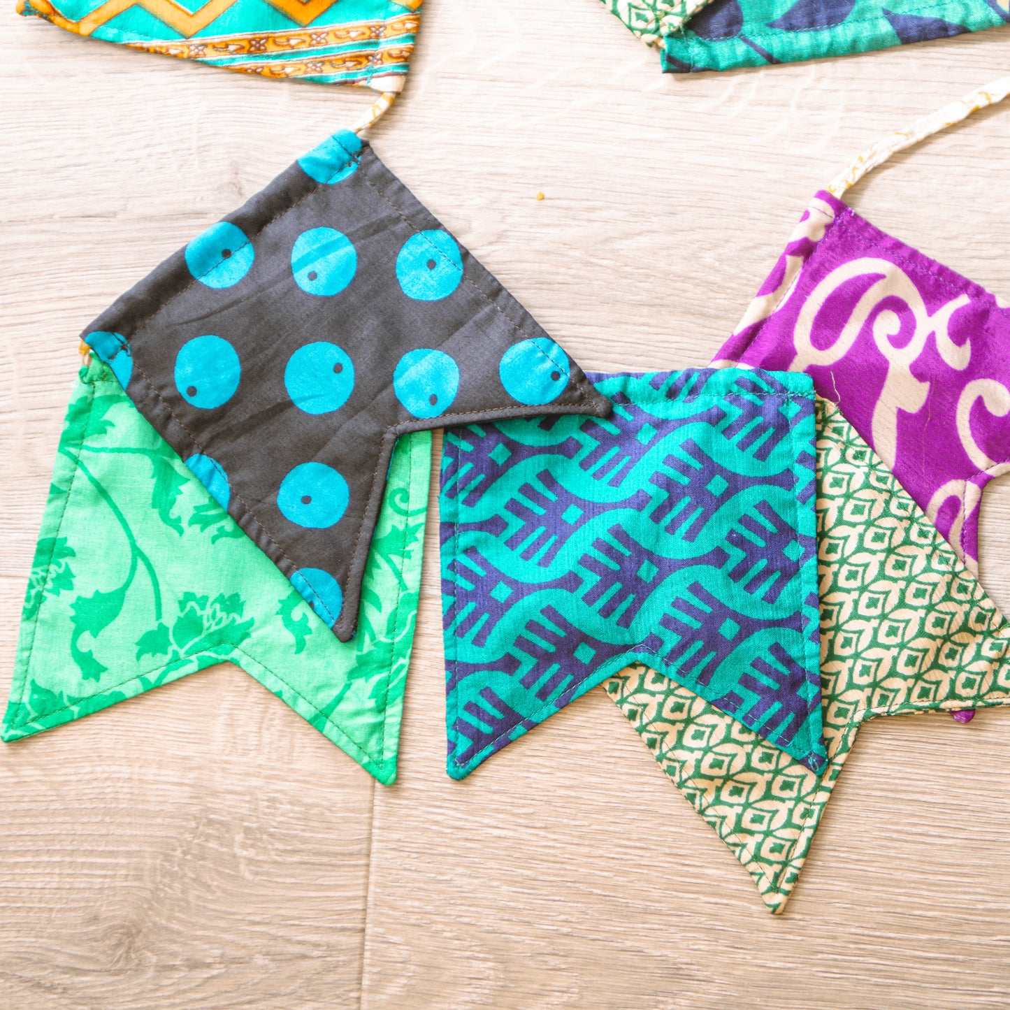 Colourful bunting from recycled saris