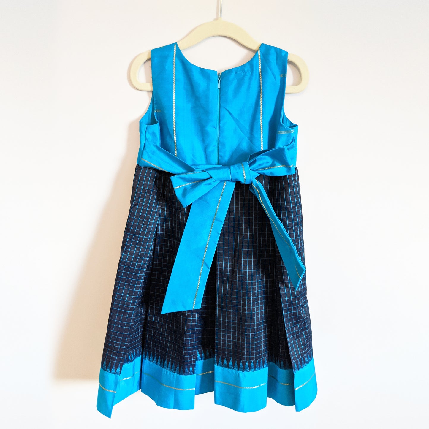 Blue Pleated Silk Girls Dress 6-7