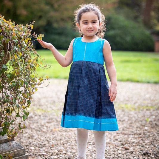 Blue Pleated Silk Girls Dress