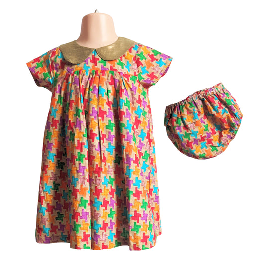 Baby Girl Jigsaw Dress And Matching Bloomers 12-18mths